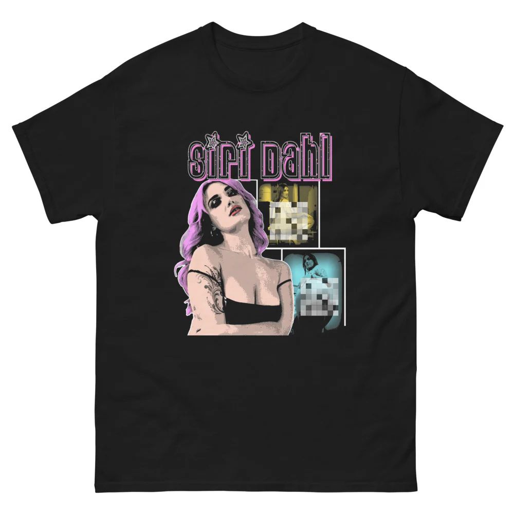 Black t-shirt with retro photo collage graphic design of Siri Dahl woman with pink hair and text on a black background